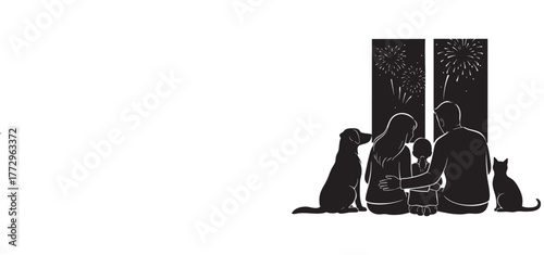  Family with Pet Dog and Cat Watching Fireworks from Window Silhouette