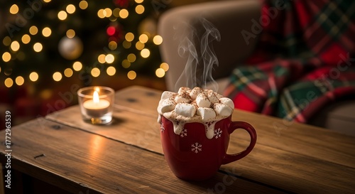 Enjoy steaming hot chocolate with marshmallows during the holidays in a cozy setting