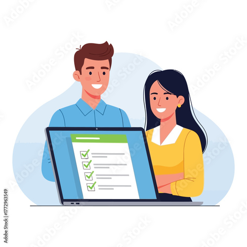Smiling man and woman looking at a checklist on a laptop vector illustration for business or education isolated on white background