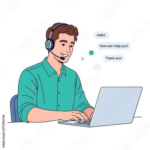 Smiling man wearing headset working on laptop customer service representative providing online support vector illustration