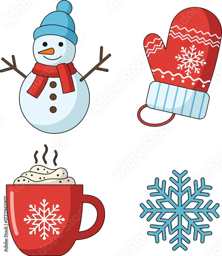 A collection of four charming winter-themed illustrations including a snowman, a red mitten, a mug of hot chocolate, and a snowflake.
