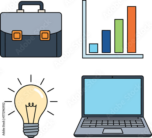 A collection of four business-related icons: a briefcase, a bar graph, a lightbulb, and a laptop.