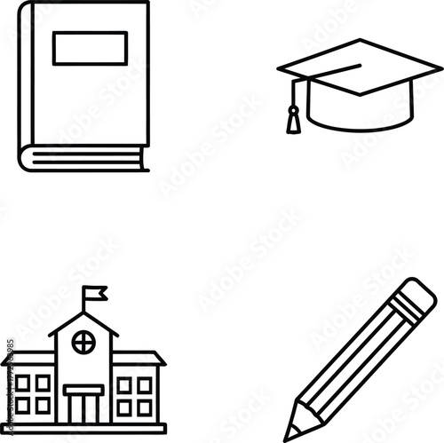 A collection of four educational icons: a book, a graduation cap, a school building, and a pencil.