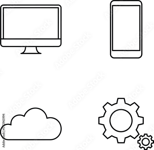A collection of four icons representing technology: a computer monitor, a smartphone, a cloud, and gears.