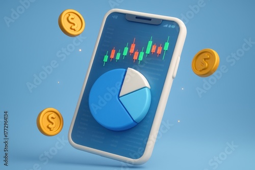 Smartphone displays stock chart & pie graph with floating coins