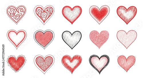 A collection of fifteen decorative and textured heart shapes are arranged in three rows on a white background.