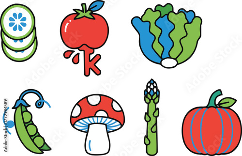 Assorted Vegetables And Fungi With Cucumber Tomato Cabbage Keywords cucumber, tomato, cabbage