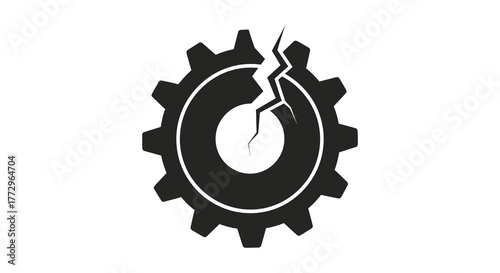 A stark black silhouette of a broken gear with a large crack running through its center symbolizing failure or malfunction silhouette