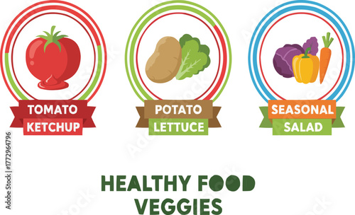 Organic food labels and icons set with fruits and vegetables in eco healthy design