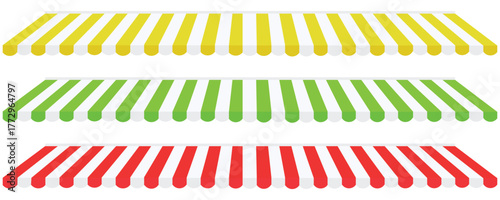 Colorful Shop Awning and Sunshade Vector Set – Realistic Striped Roof Canopy for Market, Cafe, and 
Storefront Design