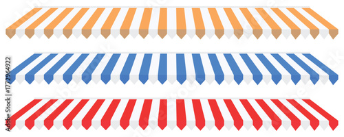 Colorful Shop Awning and Sunshade Vector Set – Realistic Striped Roof Canopy for Market, Cafe, and 
Storefront Design