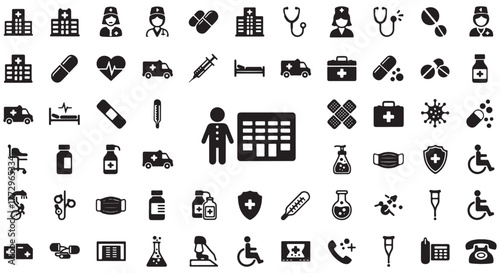 Healthcare glyph icon set. Vector pictograms of medicine, hospital, doctor, nurse, stethoscope, syringe, insurance, emergency, vaccine, pill, general health, black sign silhouette illustration