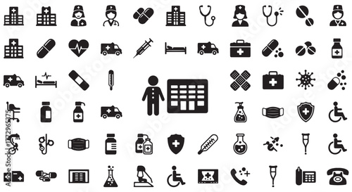 Healthcare glyph icon set. Vector pictograms of medicine, hospital, doctor, nurse, stethoscope, syringe, insurance, emergency, vaccine, pill, general health, black sign silhouette illustration