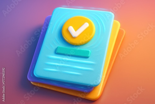 Stacked 3D digital cards with checkmark, representing successful tasks or completion