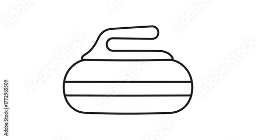 Simple black outline drawing of a curling stone with a handle on a white background silhouette