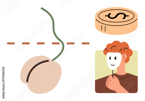 Seed with cut sprout, dollar coin, person holding mask. Ideal for themes of deception, finance, hidden motives, personal growth, identity investment psychological concepts. Simple flat metaphor