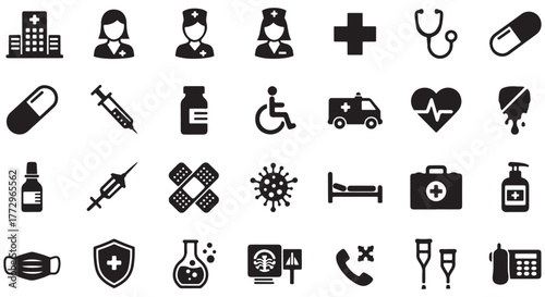 Healthcare glyph icon set. Vector pictograms of medicine, hospital, doctor, nurse, stethoscope, syringe, insurance, emergency, vaccine, pill, general health, black sign silhouette illustration