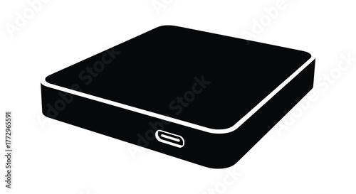 A sleek black square electronic device with a subtle white outline and a usb port visible in silhouette