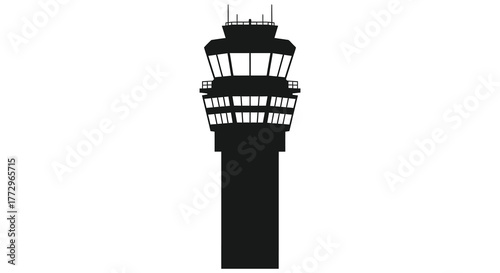 A stark black silhouette of a tall air traffic control tower against a plain white background
