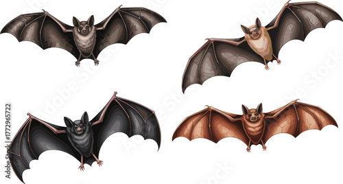 Collection of four detailed bat illustrations showing different species in flight, realistic wings, wildlife art, nocturnal animals, and nature concept