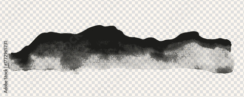 Long horizontal noisy grainy texture. Gradient distress overlay texture. Rough grunge background. Granulated abstract natural form. Halftone mountains, landscape design.
