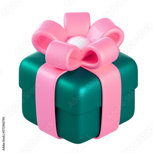Cute 3D green gift box present with ribbon icon