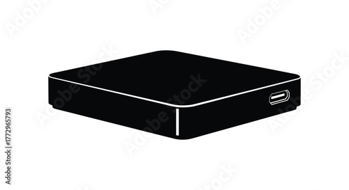 A simple black silhouette of a small electronic device with a usb port visible on the side on a white background