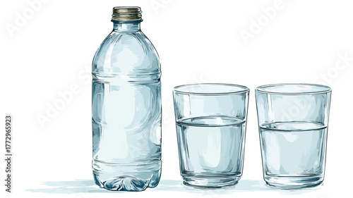 Refreshingly Clear Water Bottle and Glasses with Two Glasses of Water Vector