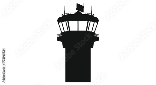 Striking black silhouette of a modern airport air traffic control tower against a stark white background
