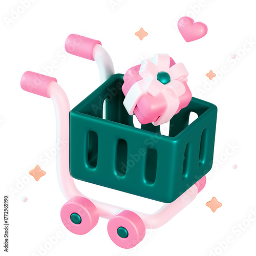 Cute 3D shopping cart with gift box icon