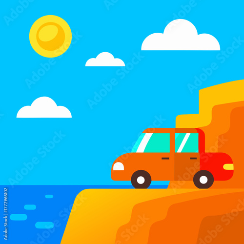 Vector illustration of orange car driving on cliff overlooking ocean under sunny sky with clouds