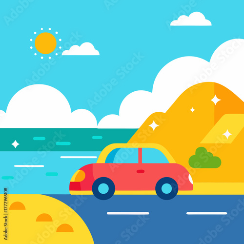 Scenic road trip vector illustration of a red car driving towards the horizon