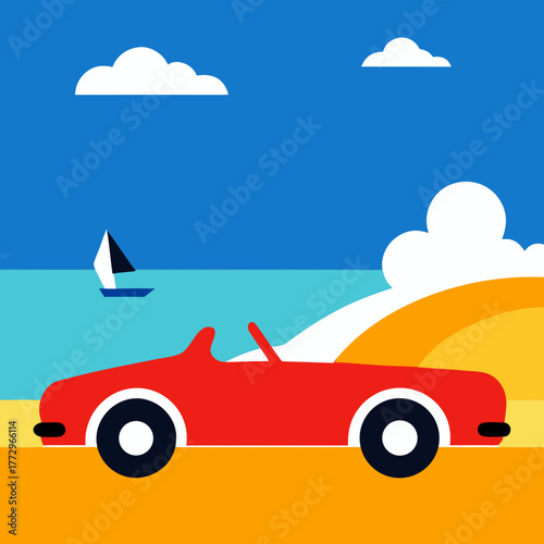 Bright red convertible car driving on a sunny beach illustration vector art