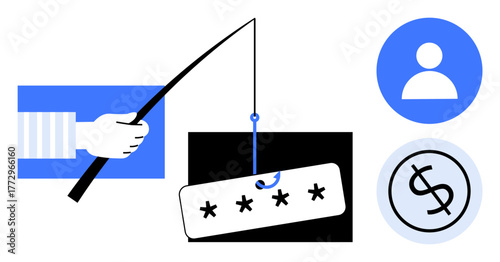 Hand holding fishing rod with password, person icon, and money icon highlighting phishing attack. Ideal for cybersecurity, phishing, fraud prevention, hacking, scams, identity theft and online