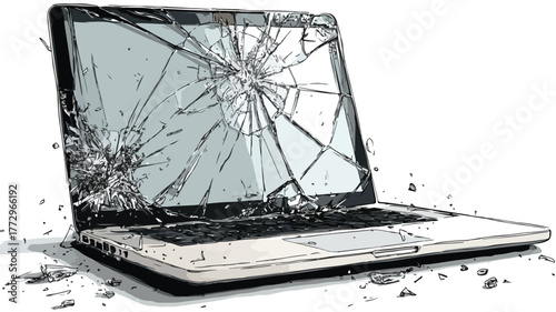 Broken Laptop with Glass Window Vector Illustration