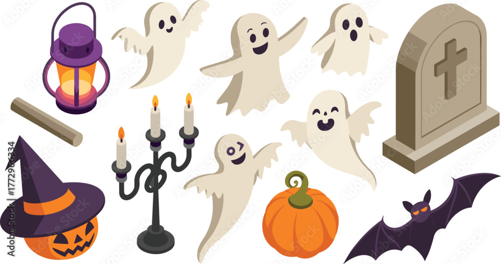 Fototapeta premium Isometric 3d Halloween illustration set with ghosts, pumpkins, bats, lantern, tombstone, witch hat, candles and spooky decorations