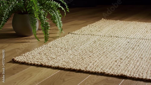 Tan Woven Rug on Wood Floor near Green Fern Pot in Soft Lighting