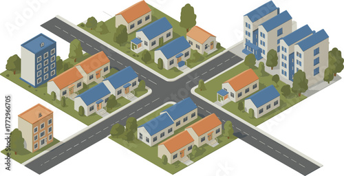 Isometric 3d illustration of suburban neighborhood with streets, houses, apartments, trees, roads and residential community urban planning