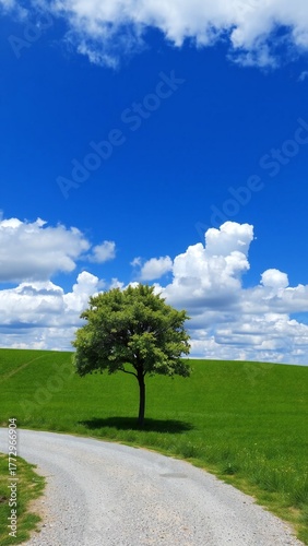 Single Tree on a Path Leading to a Vibrant Blue Sky with Fluffy White Clouds