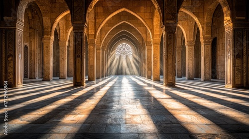 Wallpaper Mural Sunlight streams through arched hall, casting dramatic shadows on marble floor Torontodigital.ca