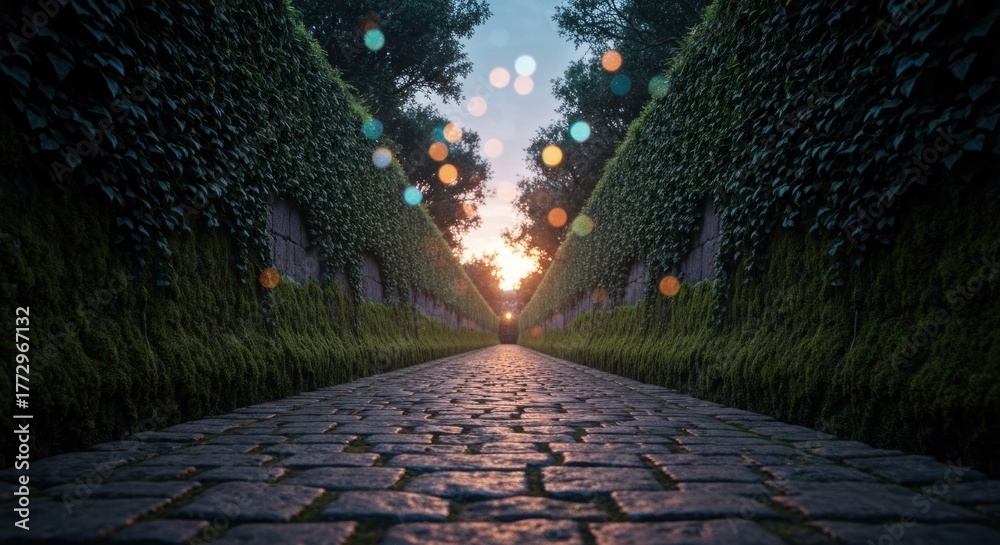 Naklejka premium Sunlit cobblestone path through lush, ivy-covered garden walls
