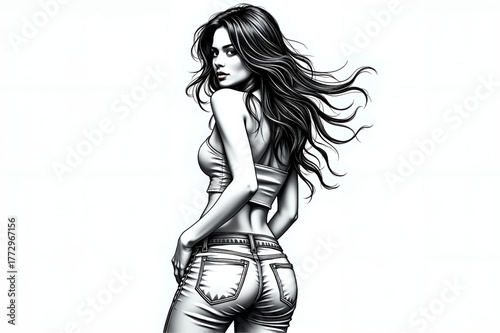  Beautiful woman with long hair, a sexy and confident look, posing from the back in a monochrome sketch