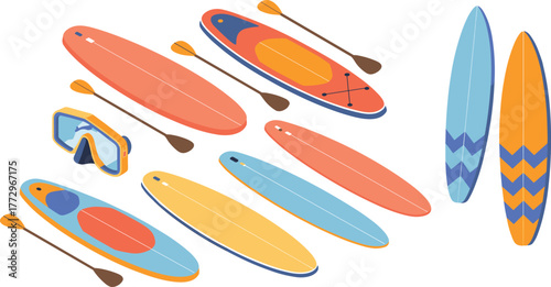 Isometric illustration of colorful paddleboards, surfboards, paddles, and snorkeling mask for summer beach sports, outdoor water recreation equipment design