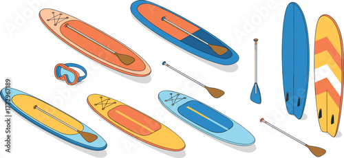 Isometric illustration of colorful paddleboards, surfboards, paddles, and snorkeling mask for summer beach sports, outdoor water recreation equipment design