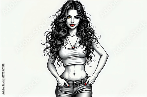  Confident woman with long wavy hair, a serious look, in a monochrome sketch with red details