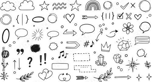 Manga-style illustration pictogram icon set. Сollection of various black doodle elements. EPS version.