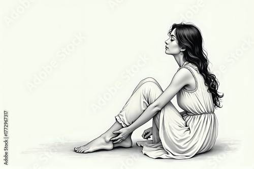 Serene woman in a long dress, peaceful and graceful, sitting barefoot against a white background 