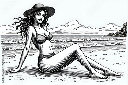 Beautiful woman in a bikini and sun hat, relaxed and happy, sitting on a sandy beach