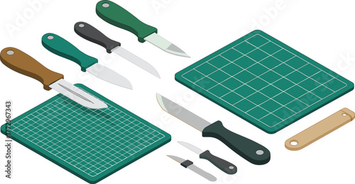 Isometric illustration of craft knives and cutting mats for hobby work, precision tools, DIY crafting equipment, artistic workshop design setup