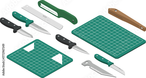 Isometric illustration of craft knives and cutting mats for hobby work, precision tools, DIY crafting equipment, artistic workshop design setup